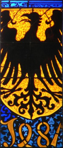 Stadtwappen von 1487 auf einem Glasfenster in der Kilianskirche Stadtwappen von 1487 auf einem Glasfenster in der Kilianskirche
