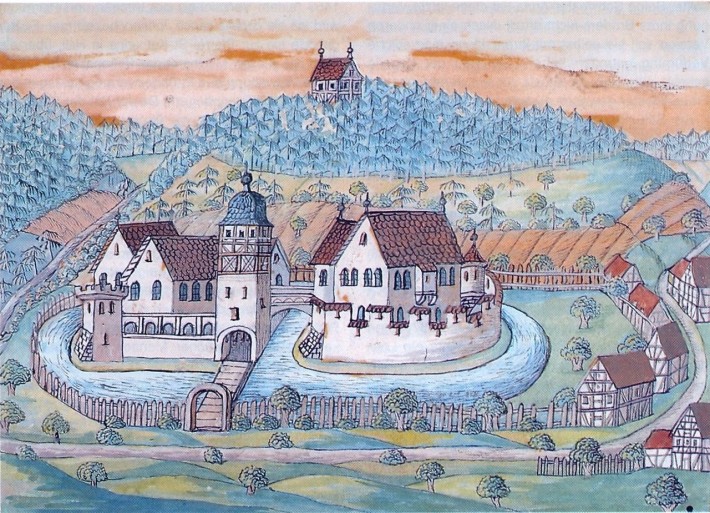 Sanzenbach, Wasserschloss mit Kapelle und Landturm im Wald (Hällische Chronik, Fünftes Jahrzehnt des 17. Jahrhunderts)